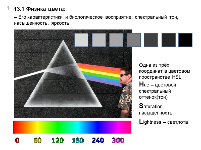 13.1 Физика цвета:   1  Его характеристики и биологическое восприятие: спектральный тон,
